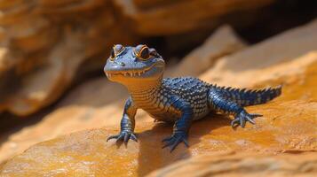 Colorful lizard emerging from water surrounded by autumn leaves during a warm afternoon photo