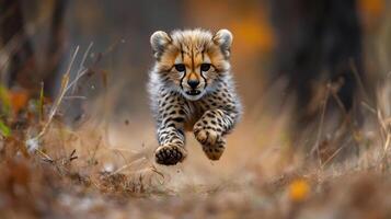 Cheetah cub plays joyfully among vibrant wildflowers in golden hour light photo