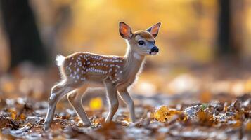Fawn walking gracefully through autumn forest surrounded by fallen leaves photo