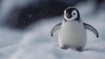 Adorable penguin chick standing on ice in a chilly environment captured during daylight hours photo
