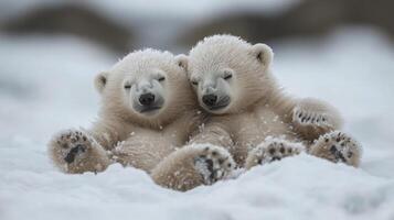 Cute polar bear cub napping on soft snow in a serene icy environment photo