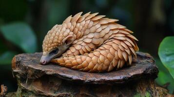 Pangolin curled up on a wooden surface in a lush green environment during daylight hours photo