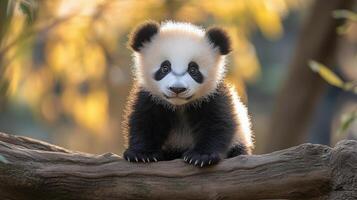 Cute panda cub sitting on a tree branch in a natural habitat during daytime photo