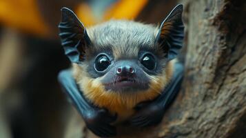 Cute bat hanging upside down in a natural habitat during daylight hours in a tropical environment photo