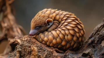 Pangolin curled up on a wooden surface in a lush green environment during daylight hours photo