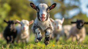 Playful baby goats running across a grassy field in springtime photo