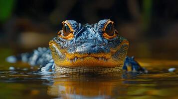 Colorful lizard emerging from water surrounded by autumn leaves during a warm afternoon photo