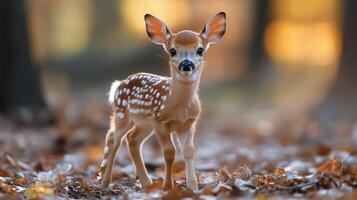 Fawn walking gracefully through autumn forest surrounded by fallen leaves photo
