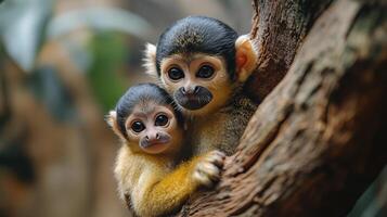 Playful monkeys clinging to tree branch in lush environment during daylight photo