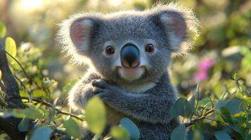 Cute koala clings to a tree as sunlight filters through the leaves during a serene afternoon photo
