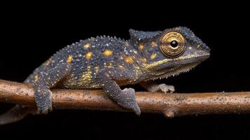 Unique lizard perched on branch in natural habitat showcasing vibrant colors and intricate texture photo