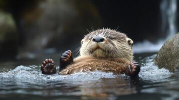 Playful otter swimming with paws raised in clear water under warm sunlight photo