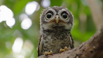 Curious owl perched on a branch in a lush forest during daytime photo
