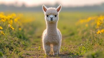 Adorable young alpaca grazing in a lush green field during golden hour photo