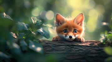 Curious young fox peeks through green foliage in a forest during daylight hours photo