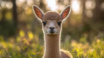 Adorable young alpaca grazing in a lush green field during golden hour photo