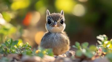 Tiny bird chick peeks through lush green foliage in a serene natural setting photo