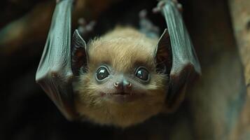 Cute bat hanging upside down in a natural habitat during daylight hours in a tropical environment photo