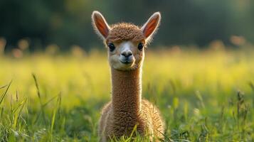 Adorable young alpaca grazing in a lush green field during golden hour photo