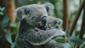 Cute koala clings to a tree as sunlight filters through the leaves during a serene afternoon photo