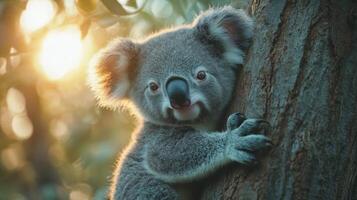 Cute koala clings to a tree as sunlight filters through the leaves during a serene afternoon photo