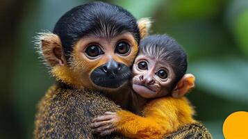 Playful monkeys clinging to tree branch in lush environment during daylight photo