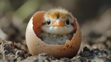 Baby bird hatching from egg in lush green environment during daylight photo