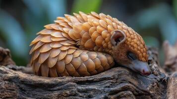 Pangolin curled up on a wooden surface in a lush green environment during daylight hours photo