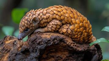 Pangolin curled up on a wooden surface in a lush green environment during daylight hours photo