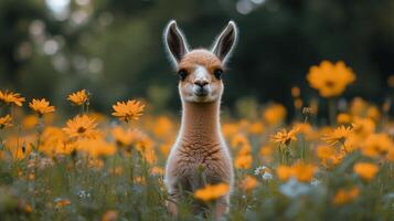 Cute baby alpaca standing in a field of flowers during sunset with warm light photo