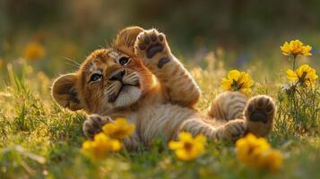 Lion cub sleeping peacefully in the grass at a wildlife reserve during the afternoon photo