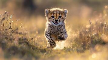 Cheetah cub plays joyfully among vibrant wildflowers in golden hour light photo