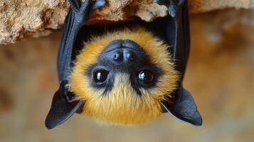 Cute bat hanging upside down in a natural habitat during daylight hours in a tropical environment photo