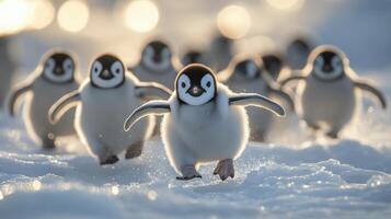 Adorable penguin chick standing on ice in a chilly environment captured during daylight hours photo