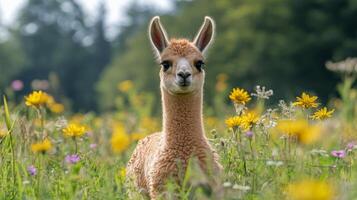 Cute baby alpaca standing in a field of flowers during sunset with warm light photo
