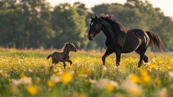 Horses running freely at sunset in a serene pastoral setting with a young foal photo