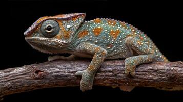 Unique lizard perched on branch in natural habitat showcasing vibrant colors and intricate texture photo