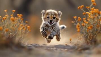 Cheetah cub plays joyfully among vibrant wildflowers in golden hour light photo