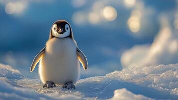 Adorable penguin chick standing on ice in a chilly environment captured during daylight hours photo