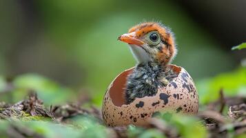 Baby bird hatching from egg in lush green environment during daylight photo