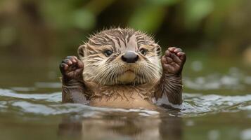 Playful otter swimming with paws raised in clear water under warm sunlight photo