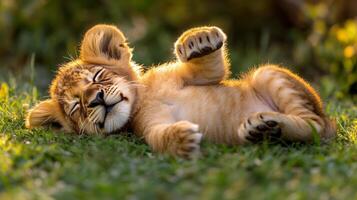 Lion cub sleeping peacefully in the grass at a wildlife reserve during the afternoon photo