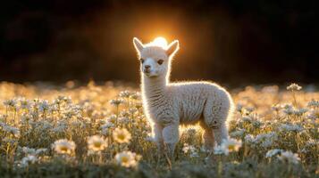 Cute baby alpaca standing in a field of flowers during sunset with warm light photo