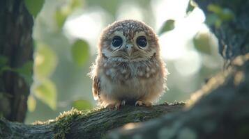 Curious owl perched on a branch in a lush forest during daytime photo