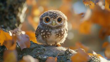 Curious owl perched on a branch in a lush forest during daytime photo