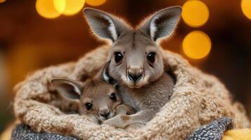 Kangaroo joey resting comfortably in soft bedding during a peaceful moment photo