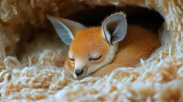 Kangaroo joey resting comfortably in soft bedding during a peaceful moment photo