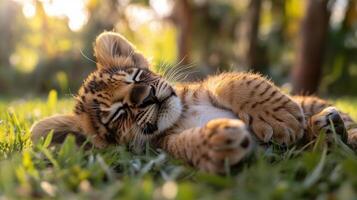 Lion cub sleeping peacefully in the grass at a wildlife reserve during the afternoon photo