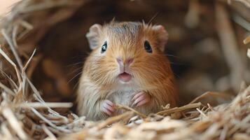 Cute small rodent peeking from its cozy nest with curious expression during the day photo