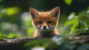 Curious young fox peeks through green foliage in a forest during daylight hours photo
